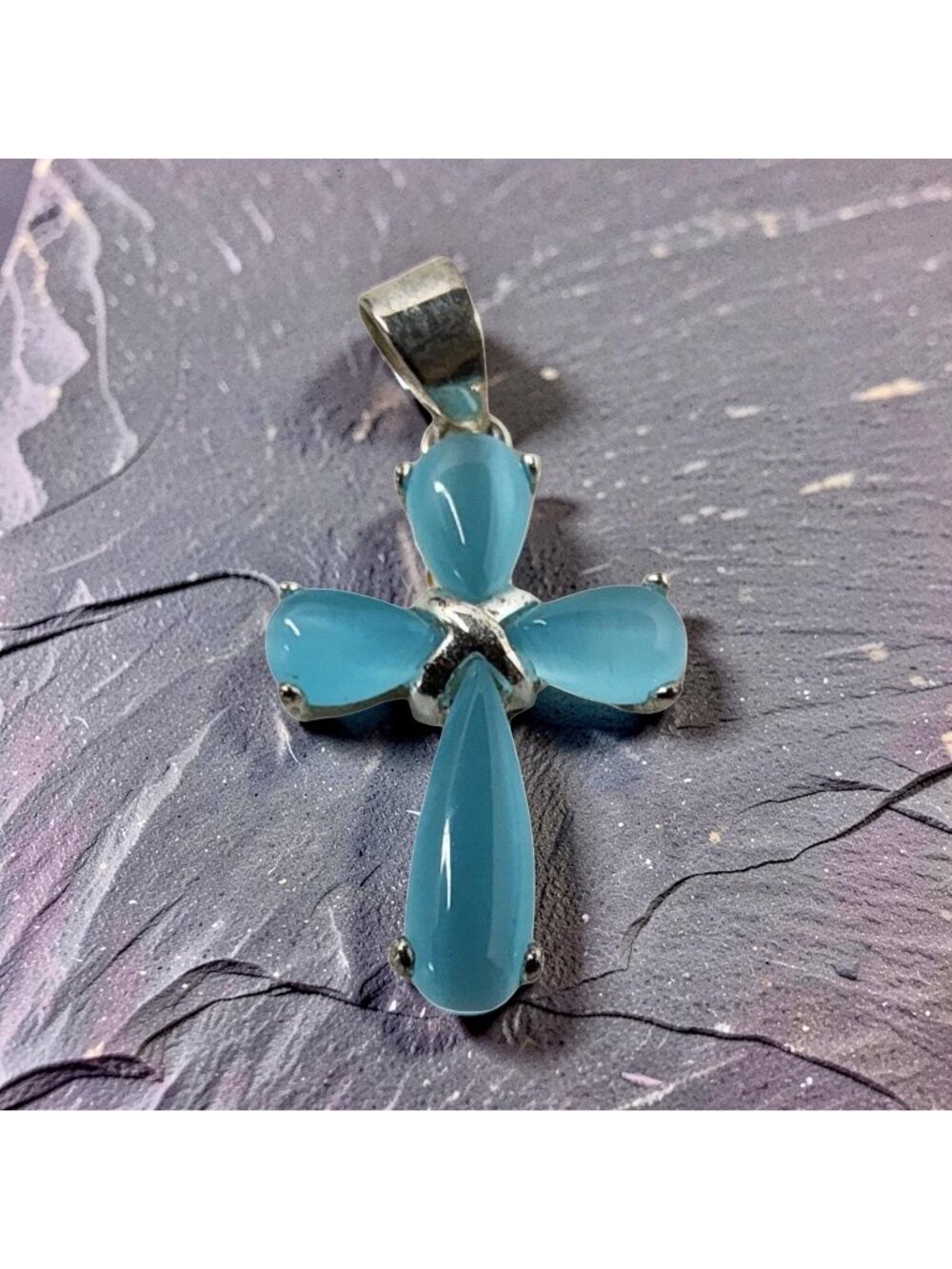 Vintage Sterling Silver Aqua Chalcedony Gemstone Small Pendant Cross